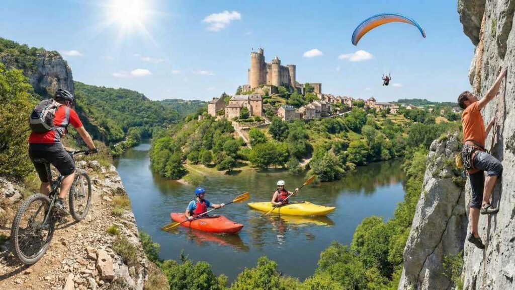 Château médiéval de Najac surplombant la rivière Aveyron, avec kayakistes, VTTiste sur le sentier, grimpeur et parapentiste.