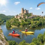 Vue du château de Najac (Aveyron) surplombant la rivière, avec kayakistes, VTT, escalade et parapente.