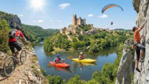 Vue du château de Najac (Aveyron) surplombant la rivière, avec kayakistes, VTT, escalade et parapente.
