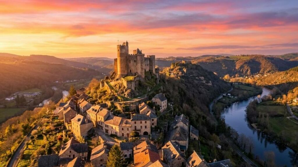 Najac (Aveyron) : village perché dominé par un château médiéval surplombant la rivière au coucher du soleil.