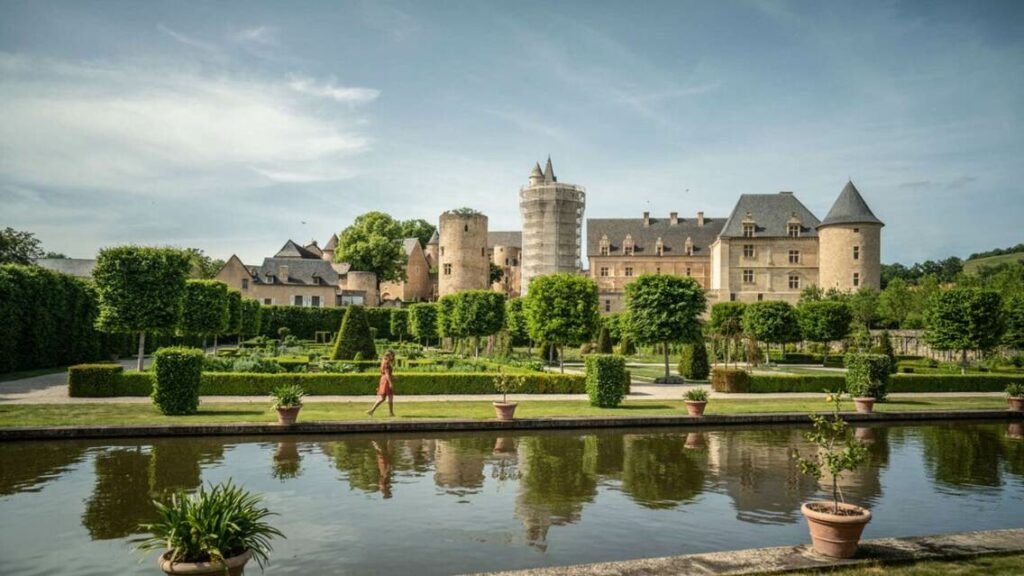 Vue sur le château de Bournazel (Aveyron) et son jardin à la française, bassin réfléchissant et promeneuse.