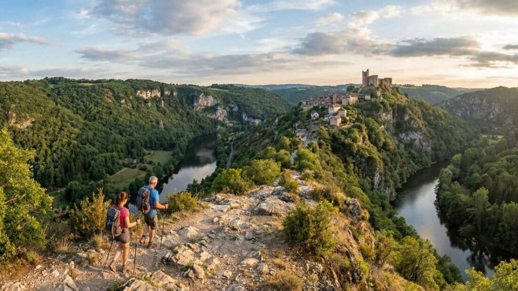 Deux randonneurs sur un sentier rocheux surplombant le village médiéval de Najac et son château au bord de l'Aveyron.