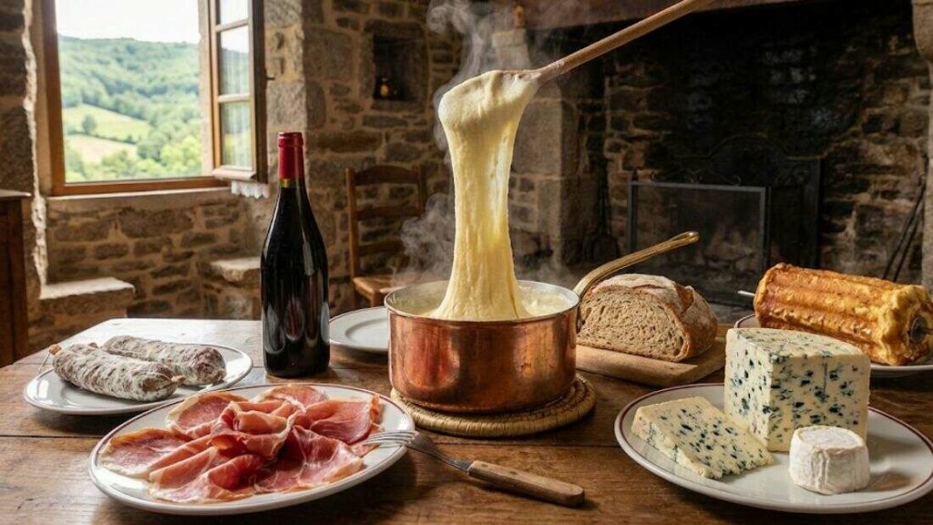 Fondue de fromage filante dans caquelon en cuivre sur table rustique à Najac, avec charcuterie, pain, fromages et vin.