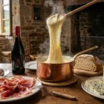 Fondue de fromage filante dans caquelon en cuivre sur table rustique à Najac, avec charcuterie, pain, fromages et vin.