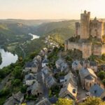 Najac : château médiéval surplombant la vallée de l'Aveyron au soleil couchant, village de pierre et randonneurs.