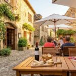 Terrasse de restaurant à Najac, table avec bouteille de vin et plateau de fromages, clients sous parasols dans ruelle en pierre