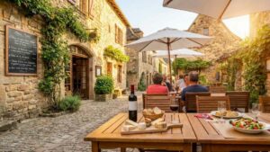 Terrasse de restaurant à Najac, table avec bouteille de vin et plateau de fromages, clients sous parasols dans ruelle en pierre
